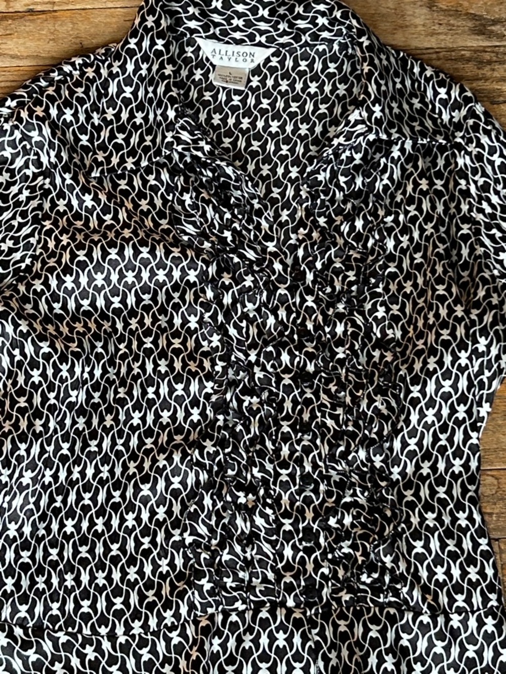 Allison Taylor Black & White Geometric Ruffle Front Blouse